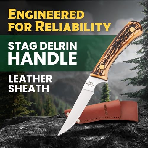 6.5-Inch Bird and Trout Skinning Knife with Leather Sheath - High Carbon Stainless Steel, Stag Delrin Handle, Hunting & Camping Tool