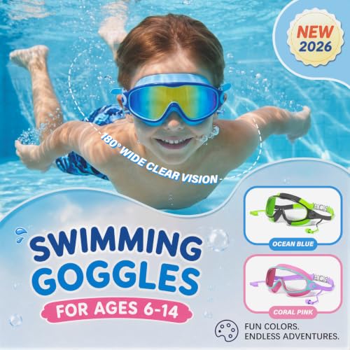 Kids Swimming Goggles Set 3 Pack with Earplugs Anti-Fog UV Wide View - Green, Blue, Purple SG003