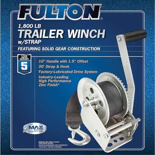 Fulton 142305 Boat Trailer Winch with 20 Foot Winch Strap with Hook, 1,800 lbs. Capacity, Single-Speed Hand Crank Winch, Solid Drum Gear System