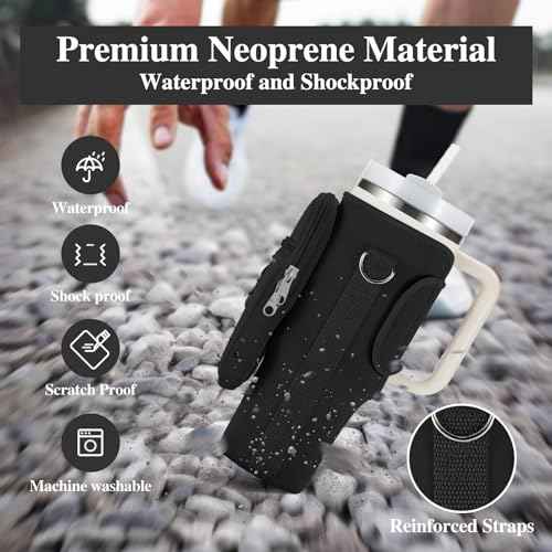 linmaya Water Bottle Carrier Bag with Phone Pocket for Stanley Cup 40/30oz,Insulated Neoprene Water Bottle Holder Cross-boday Bag with Adjustable Shoulder & Handheld Strap Stanley Cup Accessories