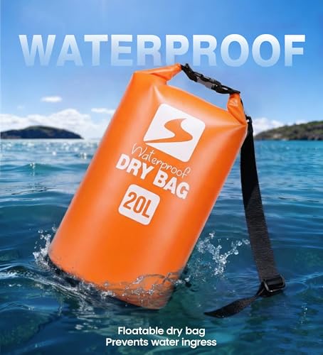 Soulsfeng Waterproof Dry Bag Backpack 20L Orange with Phone Case - Floating Kayak & Beach Storage