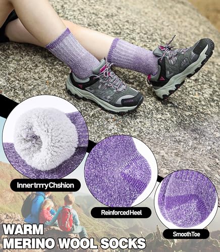 Kids Merino Wool Thermal Socks 8-12 Years Winter Warm Thick Cushioned Snowboarding Socks - Purple/Pink/Gray