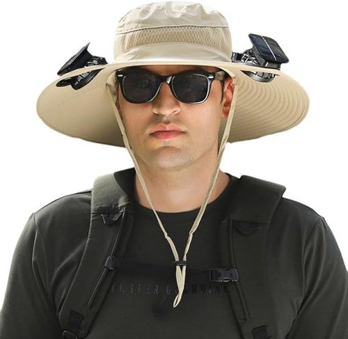 Solar Fan Hat, Wide Brim Sun Hat with 2 Solar Fan Built,Waterproof Outdoor Fishing Hat for Men Women UPF 50+ (US, Alpha, One Size, D)
