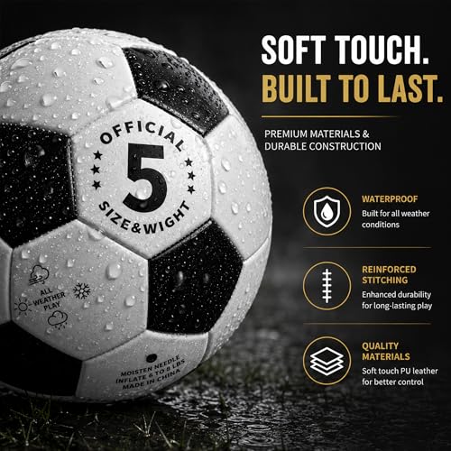 Soccer Ball Set - 2 Size 5 Official Match Balls with Pump & Bags - Black & White