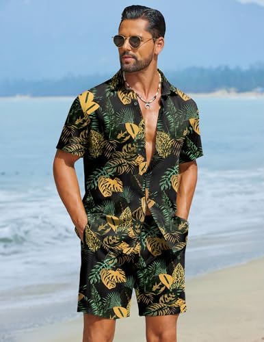 Men's Hawaiian Matching Set Large Black - Summer Beach 2 Piece Outfits with Flower Button Down Shirts and Shorts