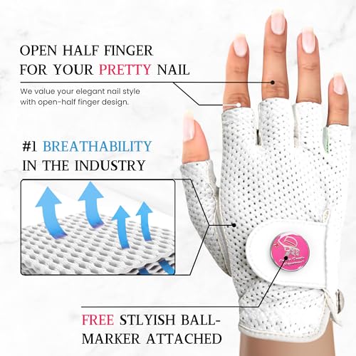 Left White Women's Golf Glove - Breathable Mesh Design, Premium Leather, Includes Magnetic Ball Marker