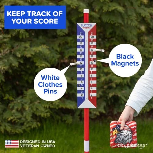 Play Platoon Cornhole Scoreboard Vertical Score Keeper 2 Pack Board & Accessories 4 Magnets, 4 Clothes Pin, PVC Tower Stand & Carry Bag Holder for Professional Corn Hole Bag Tournament