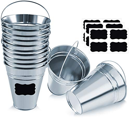 Silver Galvanized Metal Buckets Set of 12 with Chalkboard Labels - Party & Decoration