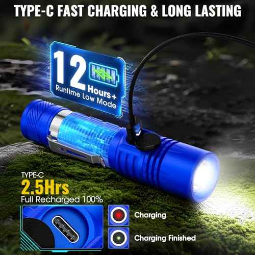 Rechargeable Tactical Flashlights, High Lumens Small Mini USB-C LED Flashlight, Compact EDC Flash Light, 4 Modes&Memory Function, Waterproof Pocket Lights for Home,Camping,Emergency (1, Blue)