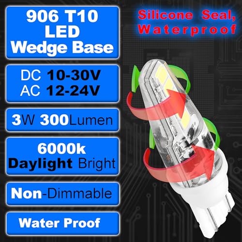 Marine T10 Wedge Base LED Bulb 906 6000K Cool White - 4 Pack, Daylight White Variant