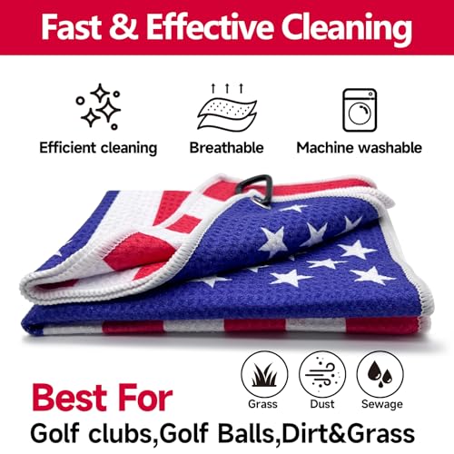 American Flag Waffle Golf Towel Set - Microfiber, Fast Drying, 23.6 x 15.7 Inches - 2 Pack - Great Golf Gift for Men and Women