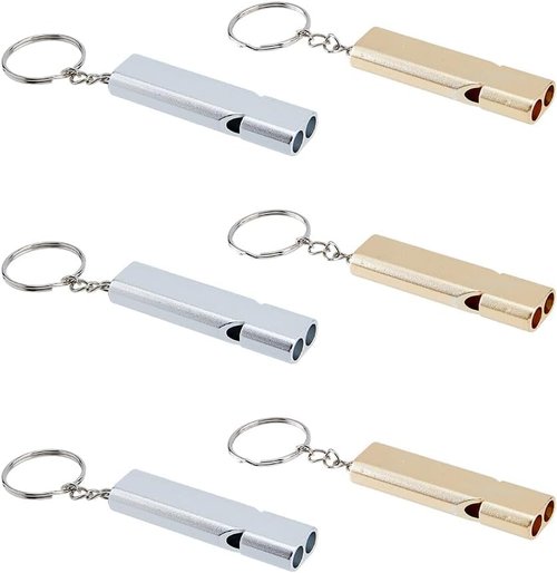 6Pcs 2 Colors Double Tube Whistle Alloy High Frequency High Decibel Keychain with Iron Key Rings
