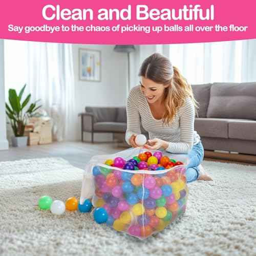 2 PCS Ball Pit Balls Bags - Storage Mesh Bag with Zipper Suitable for Storage,Sturdy and Durable,Large Size 17.7 x 11.8 x 13.7 Inches, Pink & White(Only Storage Bag,No Ball)
