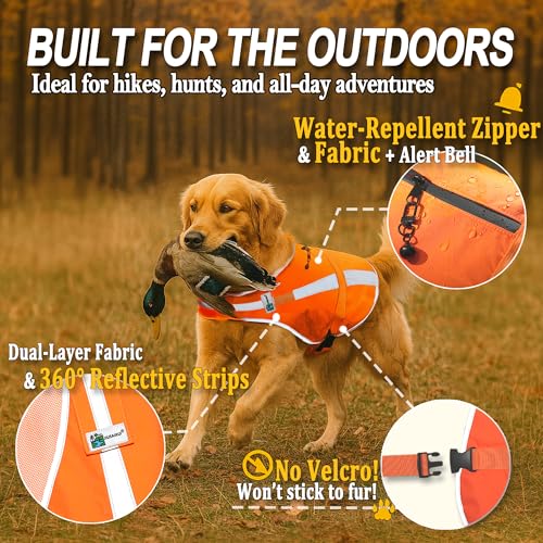 Reflective Dog Hunting Vest - Blaze Orange Safety Vest with Removable Bell, Waterproof, Lightweight (Size L)