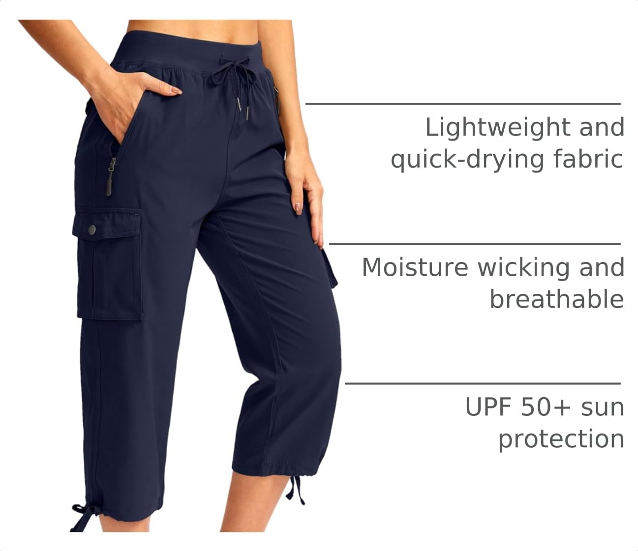 Soothfeel Women's Cargo Capris Pants with 6 Pockets Lightweight Quick Dry Travel Hiking Summer Pants for Women Casual (Navy, M)