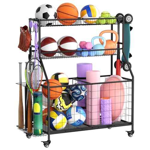 WUC Sports Equipment Garage Organizer - Garage Ball Storage Rack with Basket, Hooks and Rolling Cart for Sports Gear and Toy Storage, Black