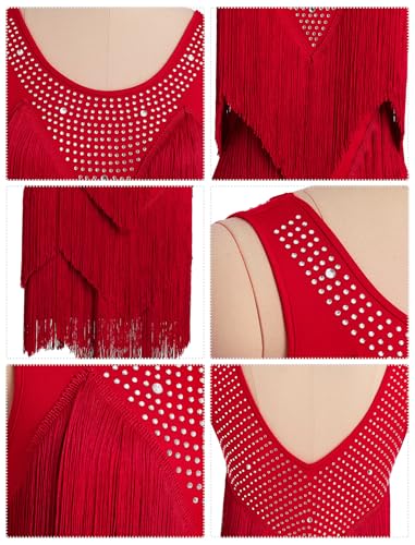Red Rhinestones Layered Fringe Dance Dress for Women - Ballroom Latin Flapper Costume