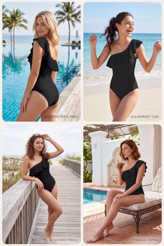 Beautikini Menstrual One Shoulder Ruffle One-Piece Swimsuit - XX-Small Black