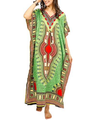 Women African Kaftan Maxi Swimsuit Beach Cover Up Nightwear Loungewear Casual Dress - Alkc-Green