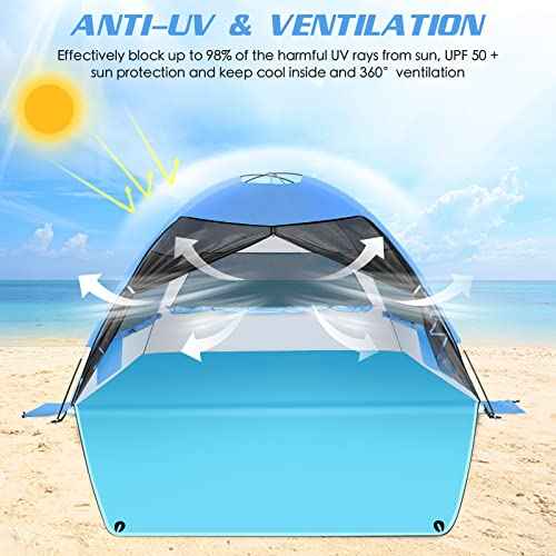 Large 3-4 Person Beach Tent - UPF 50+ Anti-UV, Easy Setup with Extended Floor & Mesh Windows, Portable for Camping Fishing (Blue)
