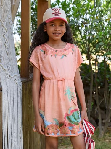 Kids Girls Short Sleeve Beach Cover Up Dress - Coral Pink 7-8 Years