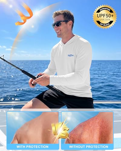 Men’s UPF 50+ Hooded Sun Shirt Large White UV Protection Fishing Hoodie