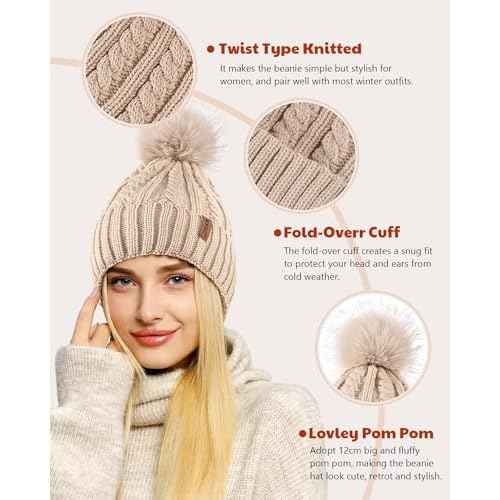 MSDC Satin Lined Beanie for Women with Pom Pom, Warm Womens Winter Hats with Silk Lined, Fashionable Knit Beanie Skull Cap