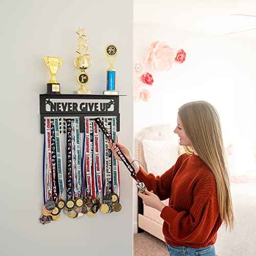 Medal Hanger Display with Trophy Shelf - Metal Awards Rack for Walls Holds 64+ Sports Medals- Our Never Give Up 16" Medal Holder Awards Trophy Display