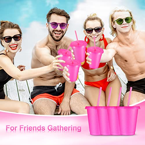 Reusable Plastic Cups with Lids and Straws - 16 oz Hot Pink Glitter Kids Drinkware - 30 Pack