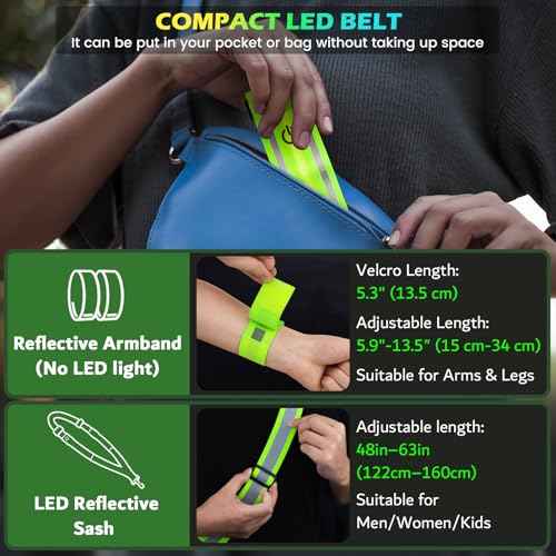 LED Reflective Running Gear High Visibility Reflective Belt Sash with Armband for Walking at Night,Adjustable Running Safety Gear Light Up Running Belt for Runners Walkers Men Women