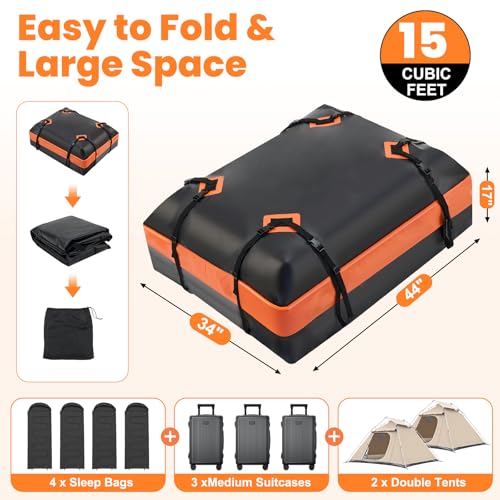 DUMOS Waterproof Car Roof Bag Cargo Carrier 15 Cu Ft Black-Orange