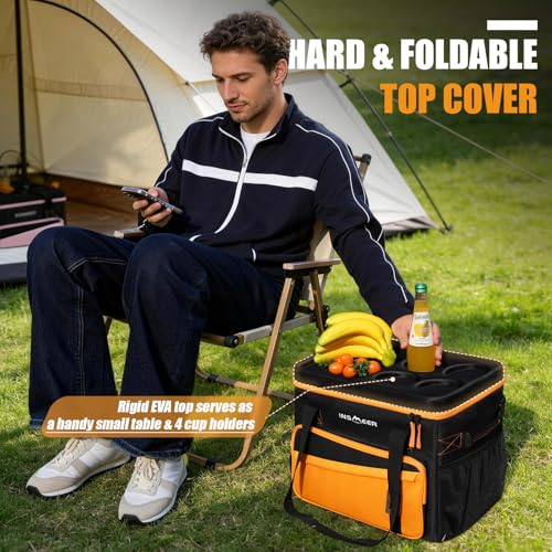 INSMEER Collapsible Cooler with Hard Shell & 4 Cup Holders - Orange, 55 Cans