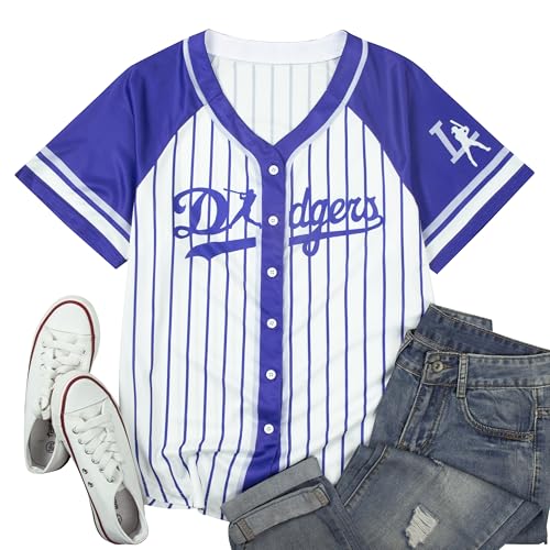 Baseball Shirt Jerseys for Women Baseball Jersey Game Day Fan Striped Baseball Player Button Down Short Sleeve Tops