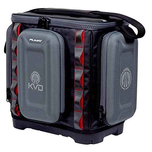 Plano KVD 3600 Signature Series Tackle Bag, Black with Red Stitching, Includes 3 Stowaway Utility Boxes, Customizable Fishing Storage, Water-Resistant TPE Coated Fabric