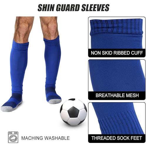 Soccer Grip Socks with Shin Guard Sleeves 2 Pack - One Size Black+Blue