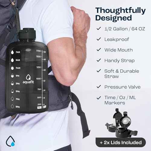 AQUAFIT 64 oz Water Bottle with Time Marker - Straw & Chug Lid - BPA Free Half Gallon Gym Water Bottle with Handle - Big Gallon Jug (Gray, 64 Ounces)