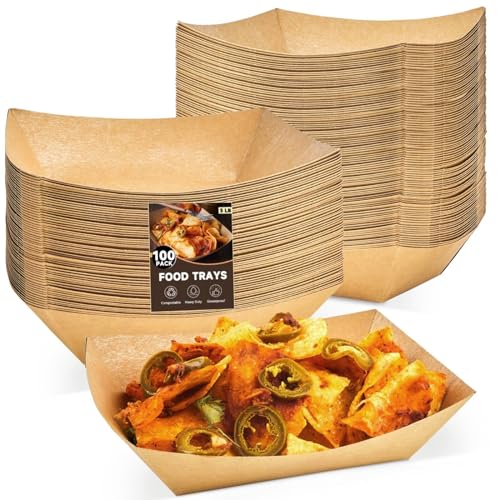 Disposable Paper Food Trays 100 Pack - 3 lb Kraft Snack Holders