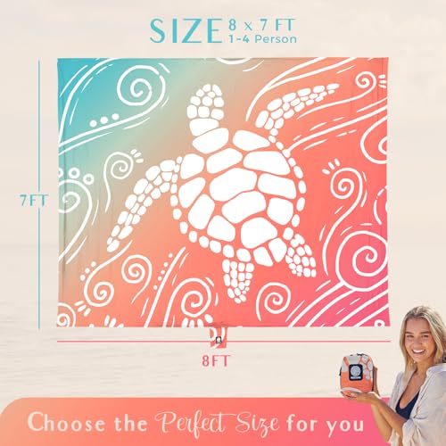WEKAPO Beach Blanket Waterproof Sandproof Oversized 8x7 ft - Sea Turtle Pattern, Extra Large, Sand-Free for Beach & Picnic