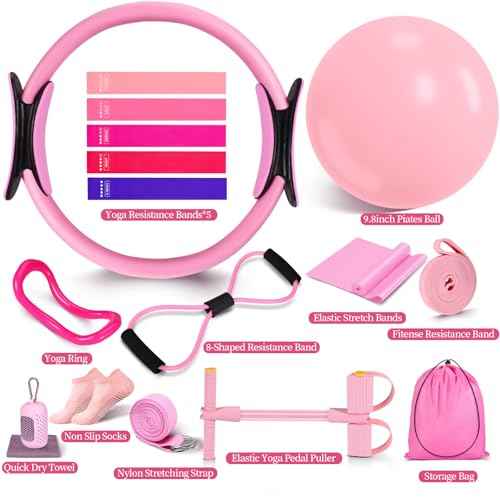 Pilates Essentials Kit for Women 15 Pcs Pilates Equipment for Home Workouts with Yoga Circle Ball Ring, 5 Resistance Bands,Pedal Puller Resistance Band,Anti Slip Socks for Starter Set Accessories