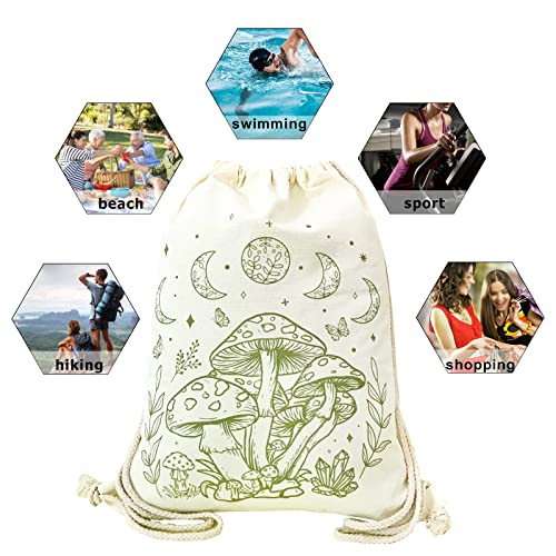 Mushroom Drawstring Backpack - Vintage Moon Aesthetic Canvas Bag - Cute