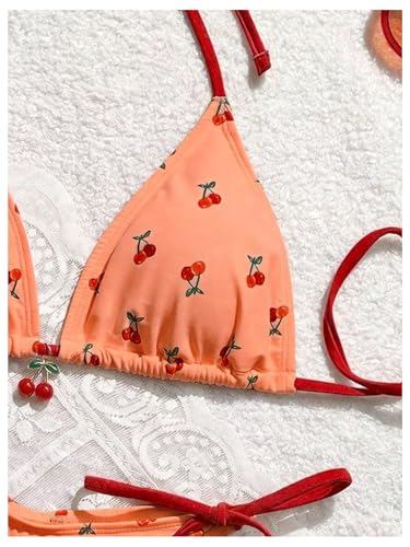 Women's 2 Piece Swimsuit Cherry Print Bikini Set with Side Ties - Halter Style