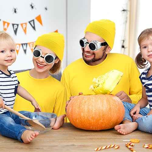 Ramede 3 Pcs Simple Halloween Costume Set Includes Yellow Long Sleeve T-Shirt Cuffed Beanies Hat and Steampunk Goggles