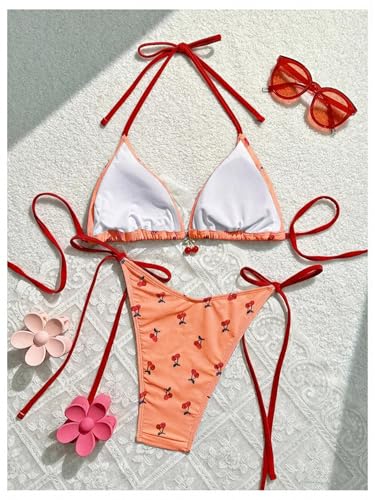 Women's 2 Piece Swimsuit Cherry Print Bikini Set with Side Ties - Halter Style