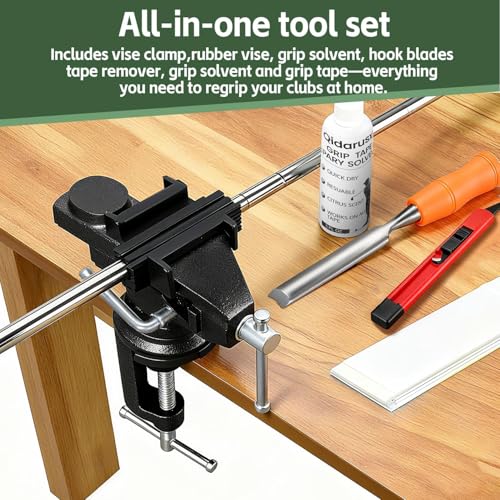 Golf Regripping Kit with Fixed Table Vise, Tape, Solvent & Tools - Rotating