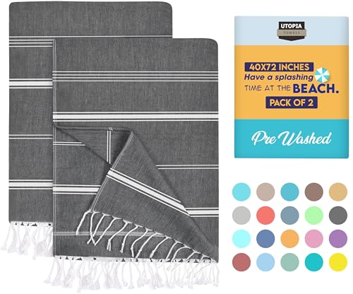 Utopia Towels Pack of 2 Turkish Beach Towel, 40 by 72 Inches, Oversized 100% Cotton, Sand Free Lightweight Absorbent Quick-Dry Beach Blanket, Extra Large Turkish Bath Towels for Travel and Pool, Grey