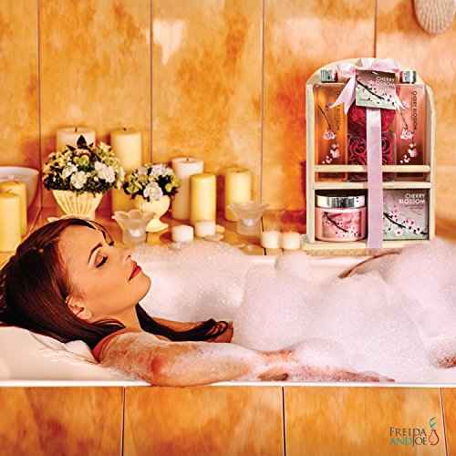 Deluxe Cherry Blossom Spa Basket - Home Spa Set with Bubble Bath, Bath Salts, Body Lotion, Bath Puff, and Rose Soaps in Wooden Curio