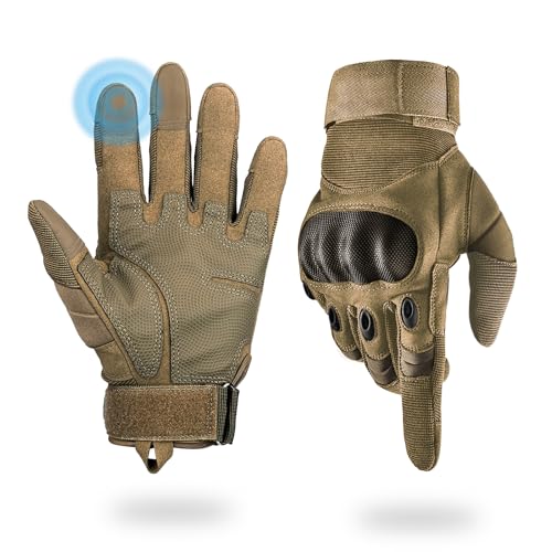 Tactical Gloves for Men Large Tan - Shooting & Motorcycle Gloves with Hard Shell Knuckle Protection Leather Palm