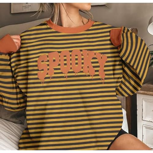 BANGELY Oversized Halloween Sweatshirt Women Vintage Spooky Season Pullover Top Spooky Vibes Letter Print Long Sleeve Shirt