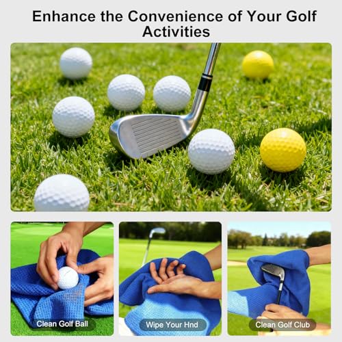 Golf Towel Set with Carabiner Clips - 3 Pack Microfiber Towels, 16x16 Inches, Black Red Blue