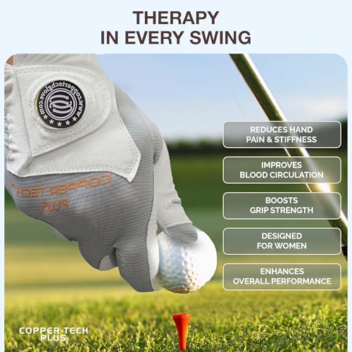 Copper Tech Plus Women’s Copper Infused Golf Glove – White/White – Pair – Compression Fit – Arthritis Relief – Non-Slip Grip – Breathable & Odour-Free – USGA Approved, One Size